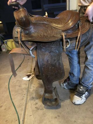 Equestrian Vintage Western Ranch Saddle no makers mark 17 Seat Brn L@@K 3