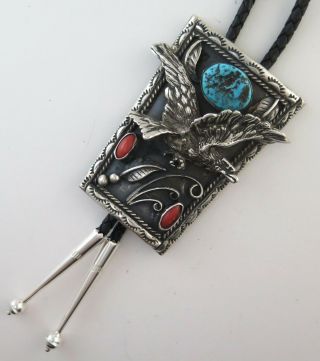 Heavy Vintage Sterling Silver Turquoise & Coral Relief Eagle Western Bolo Tie