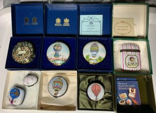 8x Vintage Halcyon Days,  Bilston & Battlesea,  Limages Enamel Trinket Boxes