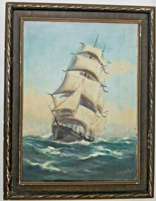Vintage T Bailey Clipper Ship Full Sail Oil Painting On Canvas Framed 2