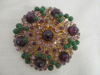 Large Vintage Purple Rhinestone Green Glass Bead Circle Flower Brooch Pin 2 1/2 "