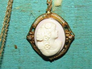 Antique Pink Shell Cameo Pendant Pearl And Diamond 10 Kt Frame