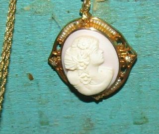 Antique Pink Shell Cameo Pendant Pearl and Diamond 10 Kt Frame 4