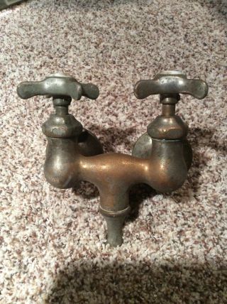 Vintage Clawfoot Tub Faucet Nickel Plated Brass.  Patina Porcelain Top Handles