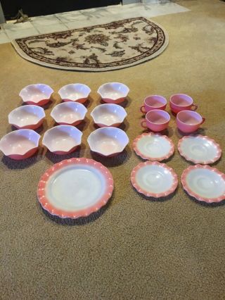 Vintage Hazel Atlas Ripple Pink Crinoline Milk Glass Dish Dishes Set Plate Cup