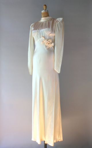 1930s Bias Cut Satin Gown Cream White Puff Sleeve Long Vintage Wedding Dress Xs