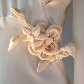 1930s Bias Cut Satin Gown Cream White Puff Sleeve Long Vintage Wedding Dress xs 2