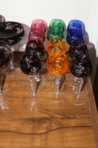 Set Of 12 Vintage Bohemian Cut To Clear 5 1/4  Multi Color Wine Glasses