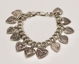 Vintage 8.  5” Solid Sterling Silver 925 Puffed Love Hearts Charm Bracelet