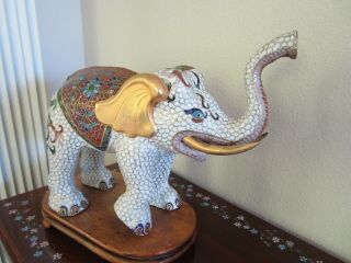 Exquisite Large Vintage Chinese Cloisonne Elephant Statue,  Wooden Stand