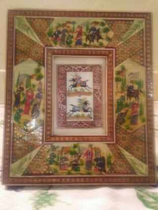 Vintage Hand Made Persian Khatam Wood Polo Riders Inlay Picture