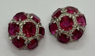 Gorgeous Vintage Signed Jomaz Red Raspberry Rhinestone Earrings