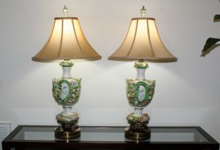 Vintage Signed Capodimonte 25 " High Multi Color Porcelain Table Lamps