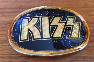 Vintage 1977 Kiss Logo Pacifica Belt Buckle Gold Prism Hologram