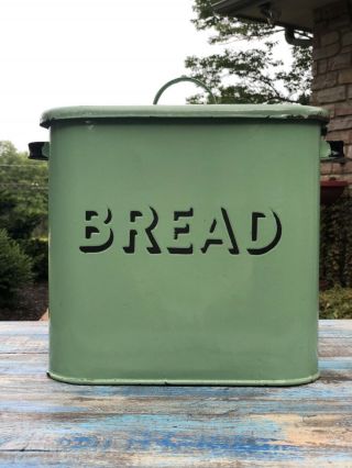 Vintage Green Porcelain Enamelware Bread Box Container With Lid Embossed Black