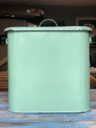 Vintage Green Porcelain Enamelware Bread Box Container With Lid Embossed Black 3