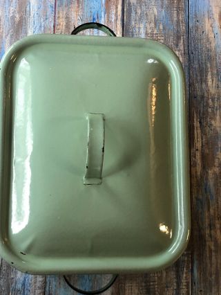 Vintage Green Porcelain Enamelware Bread Box Container With Lid Embossed Black 5
