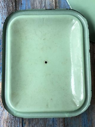 Vintage Green Porcelain Enamelware Bread Box Container With Lid Embossed Black 7