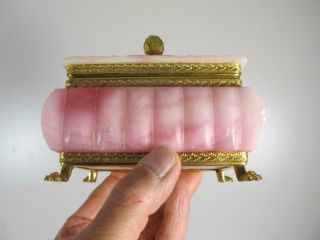 Antique Vintage Hormolu Pink Marble Alabaster Carved Hinged Trinket Jewelry Box