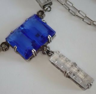 Antique Art Deco Sterling Silver Invisibly Set Sapphire Crystal Paste Necklace