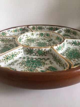 Antique Vintage Asian Green Lazy Susan Condiment Platter Bowl Tray