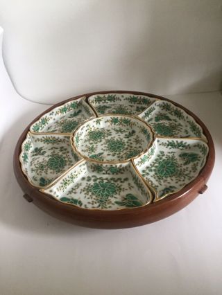 Antique Vintage Asian Green Lazy Susan Condiment Platter Bowl Tray 2