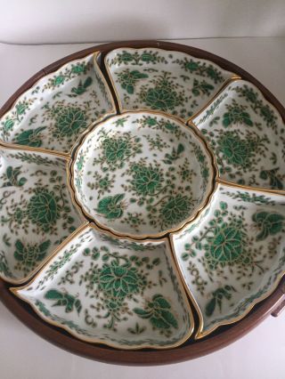 Antique Vintage Asian Green Lazy Susan Condiment Platter Bowl Tray 3