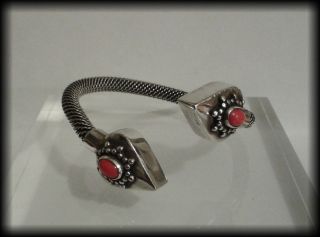 Unusual Design Vintage Egyptian Solid Silver & Coral Cabochon Bracelet - 40g