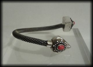 Unusual Design Vintage Egyptian Solid Silver & Coral Cabochon Bracelet - 40g 2
