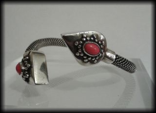 Unusual Design Vintage Egyptian Solid Silver & Coral Cabochon Bracelet - 40g 6