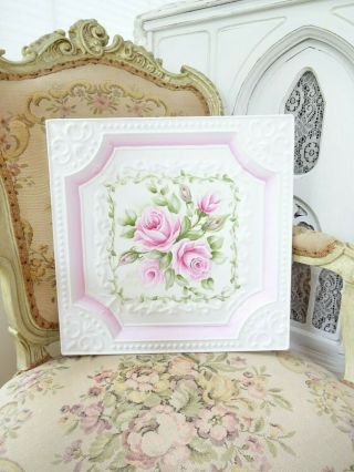 byDAS ROMANTIC PINK ROSES CEILING TILE hp hand painted Farm chic shabby vintage 2