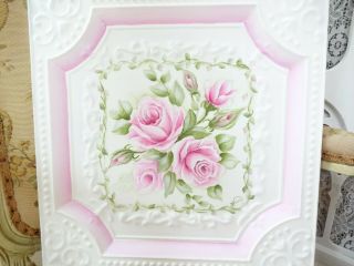 byDAS ROMANTIC PINK ROSES CEILING TILE hp hand painted Farm chic shabby vintage 4