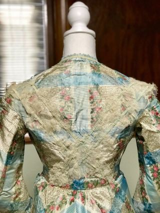 Rare Antique Victorian Dress Bodice ca.  1867 - 1869 Floral Watered Silk 5