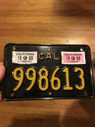 VINTAGE 1960s California Motorcycle License Plate Black Yellow 1967 1968 YOM 2