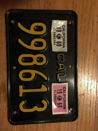 VINTAGE 1960s California Motorcycle License Plate Black Yellow 1967 1968 YOM 6