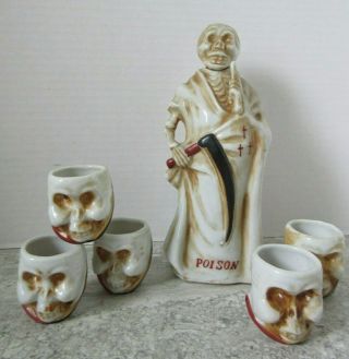 Vintage Grim Reaper Shafford Japan Skeleton Skulls Poison Decanter Shot Glasses