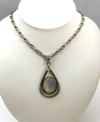 Vintage Sterling Silver Handmade Oval Moonstone Pendant On Solid 925 Italy Chain