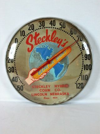 Vintage 1950s Steckleys Corn Seed Farm 12 " Metal Glass Thermometer Sign
