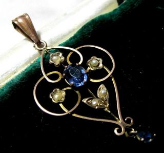 Antique Edwardian 9ct Rose Gold Lavaliere Pendant Sapphire Paste Seed Pearls