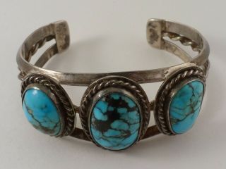 Vintage Navajo Signed Heavy Sterling Silver & Turquoise 3 - Stone Cuff Bracelet