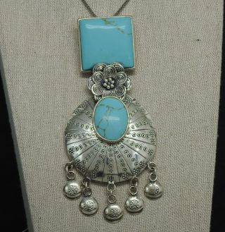 Huge Vintage Sterling Silver Turquoise 5 " Pendant 19 " Necklace 55g Bali Jewelry
