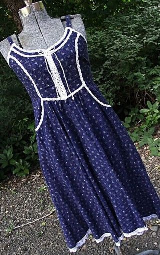 Gunne Sax Vtg 1970s Womens Prairie Corset Dress Navy Blue Calico Lace Tr Sz 11