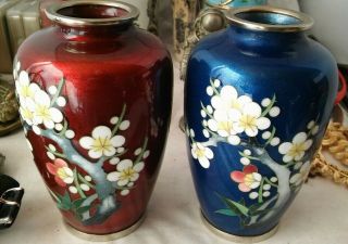 2 X Vintage Chinese Cloisonne Enamel Flower Vase 5 " High Blue & Red Asian