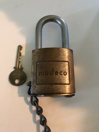 Vtg Medeco Brass Padlock W/ Stainless Steel Shackle 1 Key Chain & Lock Protector