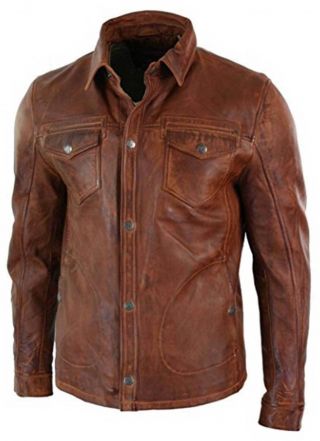 Mens Shirt Jacket Brown Soft Style Real Leather Shirt Antique Motorcycle 2