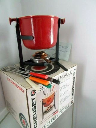 Vintage Le Creuset Red Enameled Cast Iron La Mama Pot Fondue Service Set