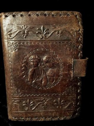 Antique Tooled Leather Card Case With 2 Decks Of Old Vintage Cards Patina