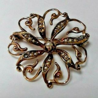 Antique Art Deco 10k Yellow Gold,  Pearls Flower Pin Brooch