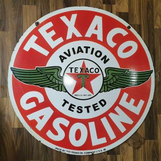 Texaco Aviation Gasoline 2 Sided Vintage Porcelain Sign 30 Inches Round
