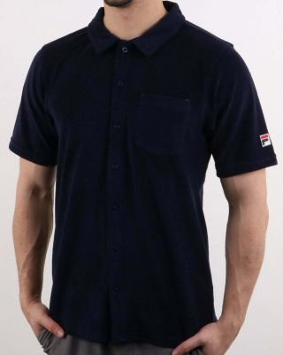 Fila Vintage Carson Button Down Terry Towelling Shirt In Navy Blue - Polo Shirt
